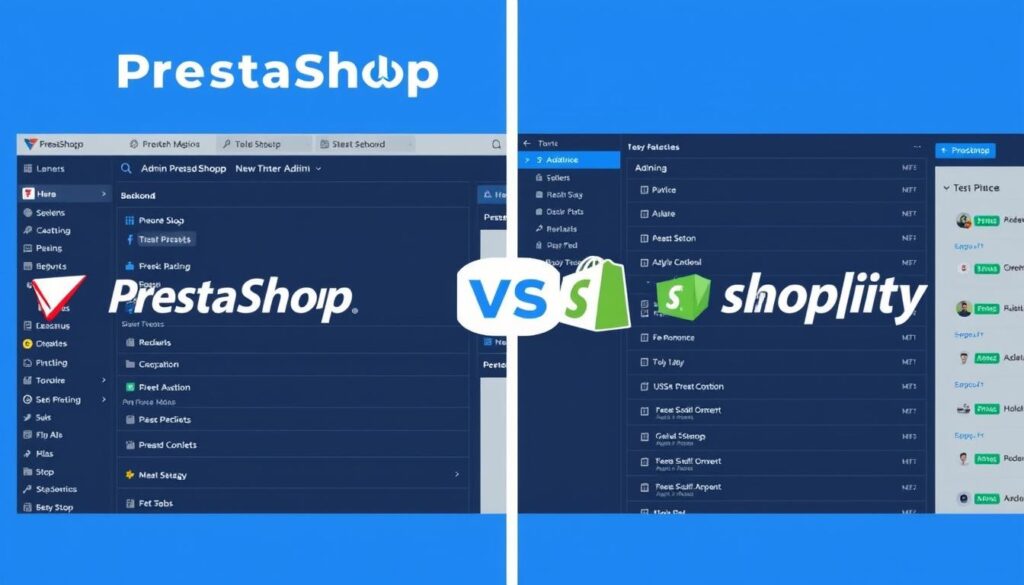 Comparativa visual de Prestashop vs Shopify mostrando las interfaces de ambas plataformas de e-commerce